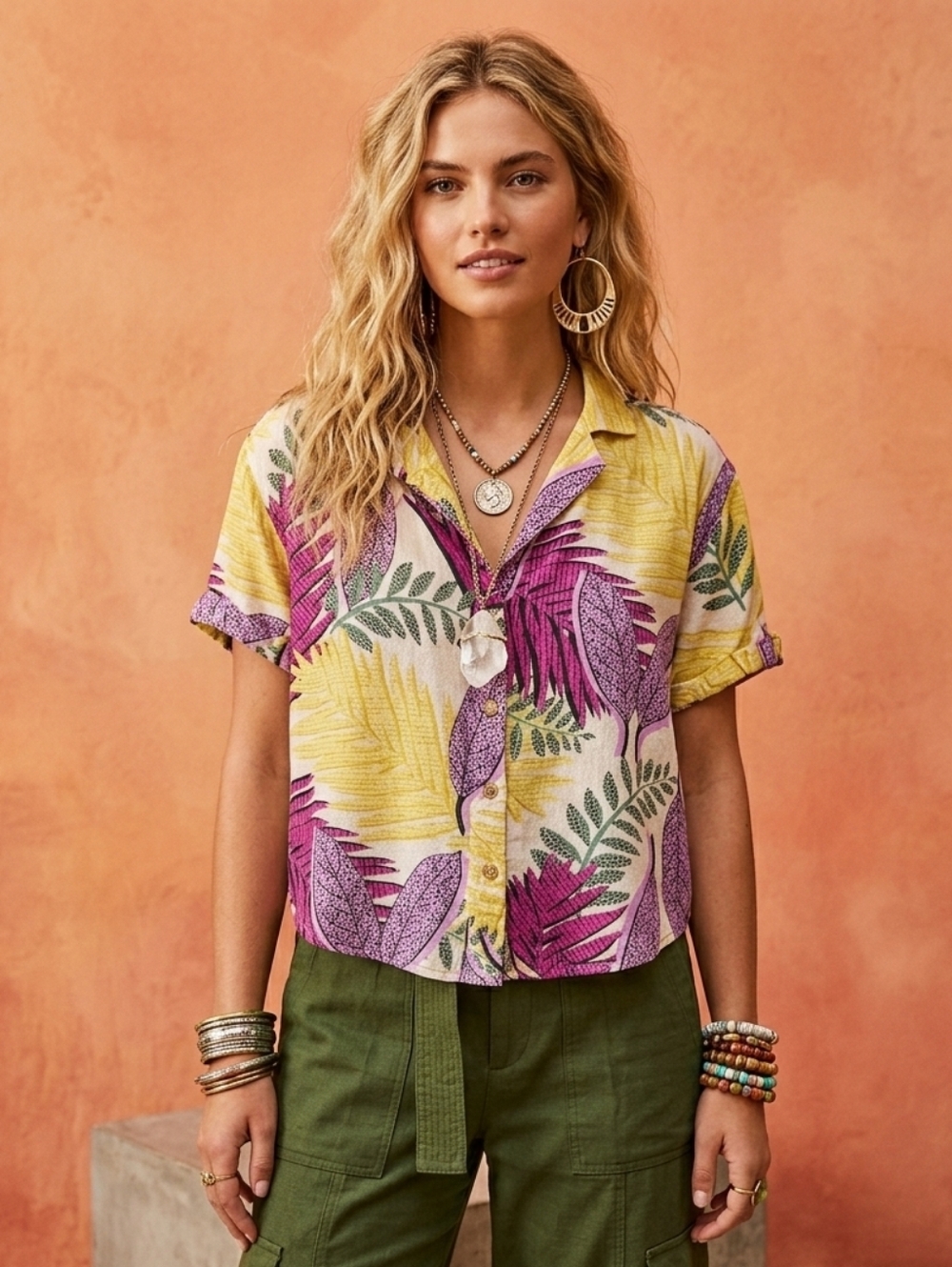 Jane + Delancey Tropical Crop Shirt Boxy Collared Summer Blouse Short slevees